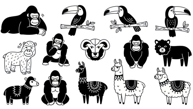 Black and white animal illustrations of gorillas toucans rams and llamas