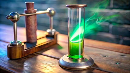 Vibrant green potion bubbling in a glass container on a rustic wooden table during a magical experiment