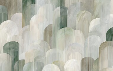 Obraz premium Abstract artwork featuring layered, rounded shapes in muted greens, tans, and white with vertical streaks
