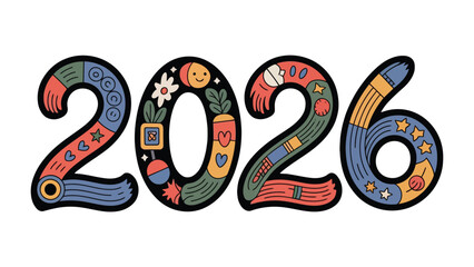 2026: A Colorful Journey to the Future: The image showcases the year 2026, creatively designed with artistic flair and featuring various whimsical elements.