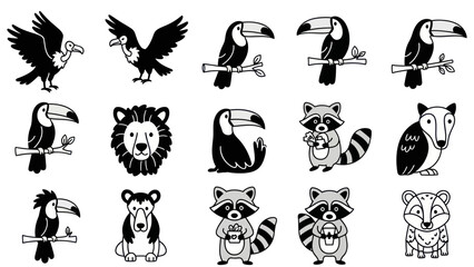 Black and white animal illustrations toucans raccoons and wildlife designs