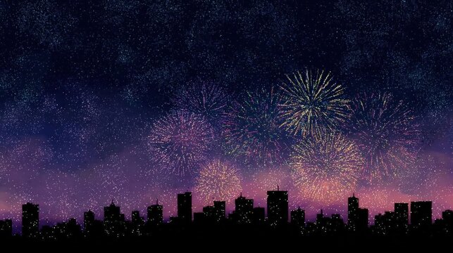 Night sky filled with colorful fireworks. the sky is dark blue with small white dots scattered across it. the fireworks are bursting in different colors, including pink, orange, yellow, and blue. - Powered by Adobe