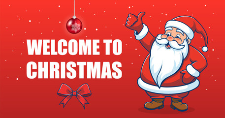 Vector cute funny plump cartoon Santa Claus with raised hand and thumb up. Snow and snowflake. Fairytale mythical holiday character. Welcome to Christmas. Greeting card or flyer