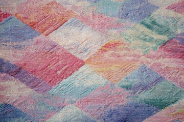 Textured close-up reveals a mosaic of soft, pastel diamonds on a canvas surface