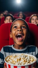 Boy with Popcorn at Movie Theater Looking Up with Open Mouth