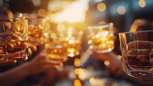 Hands clinking whiskey glasses with ice in warm golden bokeh light creating a lively evening celebration mood for parties social events and nightlife concepts
