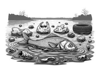 Polluted river scene with dead fish and garbage in water  