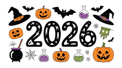 Halloween 2026 Celebration: A captivating visual with pumpkins, bats, witch hats, and bubbling potions set the stage for a memorable Halloween celebration in 2026.