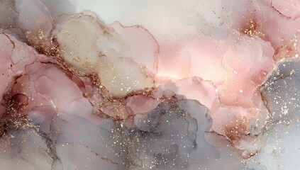 Fototapeta premium Abstract flowing watercolor design with pink, gray, gold, and white merging elements