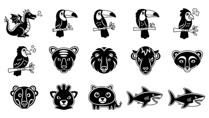 Naklejka premium Black and white animal cartoon illustrations with varied wildlife designs