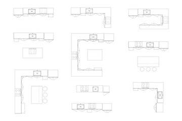 Detailed Architectural Kitchen Layouts Set