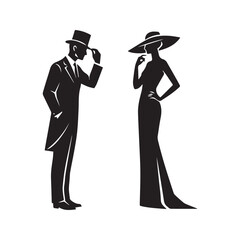 Silhouette of elegant vintage couple. Gentleman in suit tipping top hat and lady in long gown with wide brim hat. Classic black and white fashion vector illustration isolated on background.
