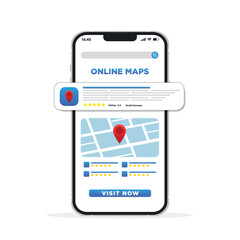 Location with GPS map. Smartphone with pins marker on website map. Maps rating customer. vector illustration