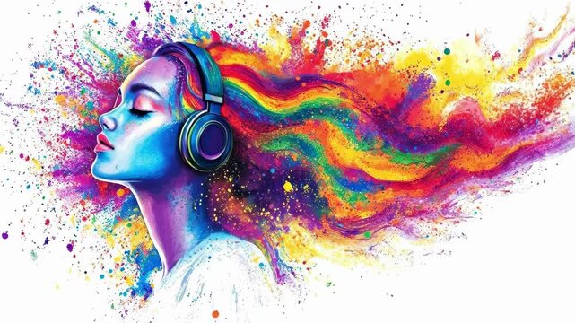 Colorful abstract portrait of a young woman with headphones and vibrant brushstroke hair