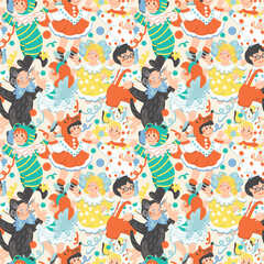 Festive children's costume masquerade. Girls in princess dresses, boys in animal costumes. Vintage vector retro wallpaper for wrapping paper. Christmas party pattern.