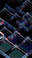 Abstract iridescent glass blocks on a black background, vertical orientation, 3d render