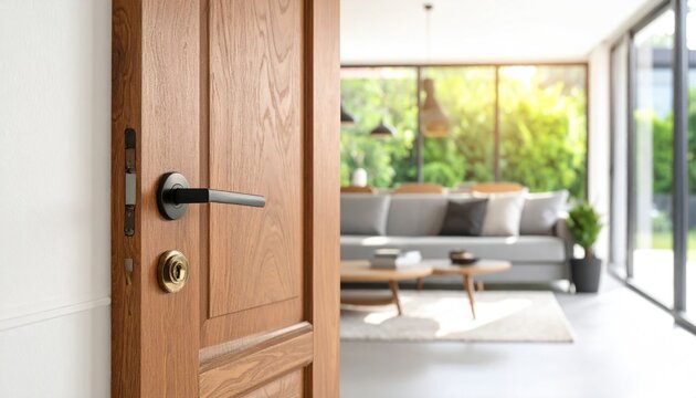 Open wooden door revealing a bright and modern living room with a grey sofa and large windows overlooking a green garden.