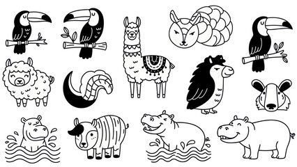Black and white animal vector set toucan llama and other cartoon creatures © kuyilg