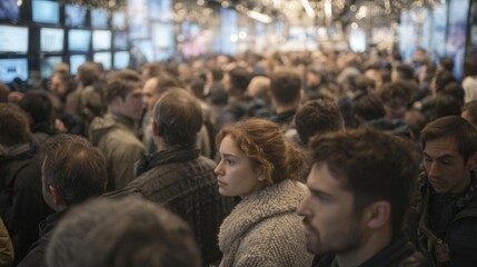 Large crowd of people gathered in a train station. the people are of different ages and genders, and they are all looking towards the right side of the image.