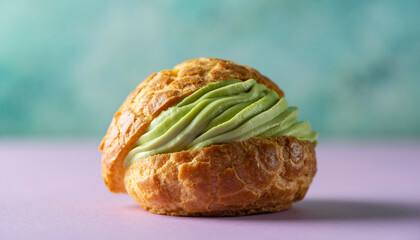 Matcha cream puff with vibrant green filling visible, crisp choux texture, modern pastel backdrop, soft studio light, premium Asian-inspired pastry.