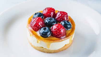 Mini fruit tart with fresh berries arranged delicately, glossy glaze, bright high-key lighting, clean white background, luxury patisserie aesthetic