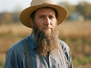 Fototapeta premium Portrait of Amish man, dressed in traditional attire including straw hat, suspenders, and beard without mustache. Lifestyle focused on community, faith, and simplicity.