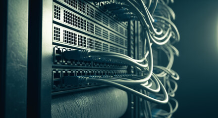 Intricate cables weave and connect within a server room, a symbol of modern data processing. The close-up showcases the depth of technology.