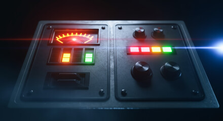 A futuristic control panel with glowing lights and gauges is showcased. The dark background adds a dramatic effect. 