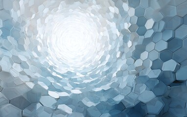 Abstract tunnel of hexagonal shapes spiraling towards a bright, luminous light