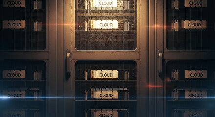 A modern data center, bathed in a warm glow, represents the digital heart of a technological ecosystem.