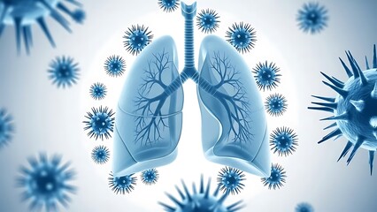 Blue Lungs Surrounded by Virus Cells on White Background
