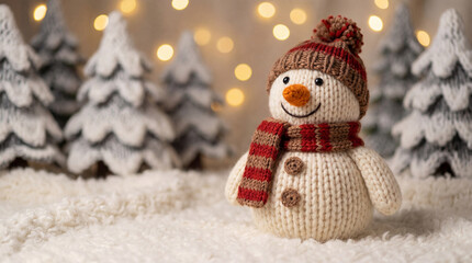 Knitted snowman wearing a hat and scarf stands amidst snowy miniature fir trees with festive bokeh lights. 