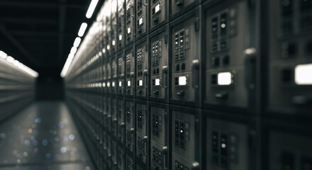 An impressive view of a server room, the long hall filled with advanced computing technology, bathed in a cool, techy light.