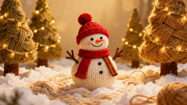 Knitted Snowman and Christmas Trees in Winter Wonderland. Snowman wearing a red hat and scarf, standing among cozy yarn Christmas trees with fairy lights. 