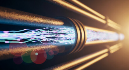 Illustrating the flow of digital data through advanced optical fiber cables, highlighting the efficiency and speed of modern information technology, evoking a sense of technological advancement.