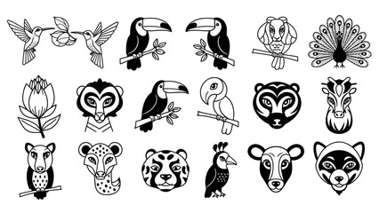 Black and white animal illustrations vector set of various wildlife creatures