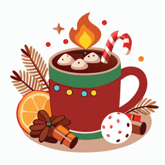 an illustration of a festive Christmas hot drink, likely hot chocolate or mulled wine, in a red mug