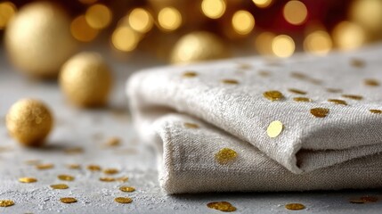A close-up of a white sequined tablecloth with gold confetti scattered across it. New Year's party background