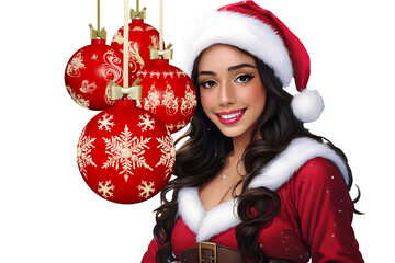 PNG. Trasparente. Natale. Capodanno. Ritratto in primo piano di bella ragazza con costume di Babbo Natale.