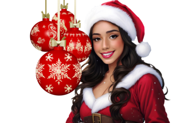 PNG. Trasparente. Natale. Capodanno. Ritratto in primo piano di bella ragazza con costume di Babbo Natale.