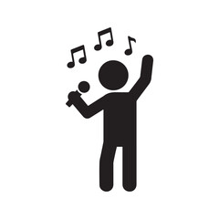 Singing person icon with microphone and musical notes. Silhouette vector illustration of a vocalist performing a song or karaoke isolated on white background.
