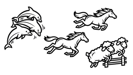 Black and white illustrations of animals dolphins horses sheep jumping