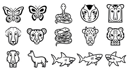 Black and white animal icons butterfly snake dog tiger shark lama vector