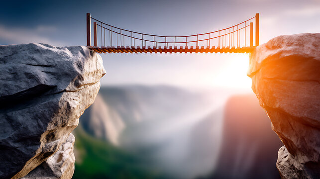 Suspension bridge canyon sunrise sunlight cliff gap connection success growth financial Crossing suspension bridge over vast canyon at sunrise symbolizes financial growth and bold vision for 2026