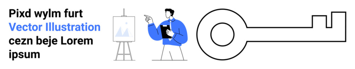 Business strategy, conceptual planning, presentations, goal setting, data analysis, innovation. A person pointing at a chart on an easel with a large key symbol. Business strategy and planning