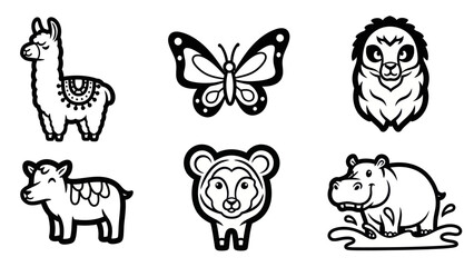 Obraz premium Black and white animal illustrations llama butterfly hedgehog goat monkey hippo