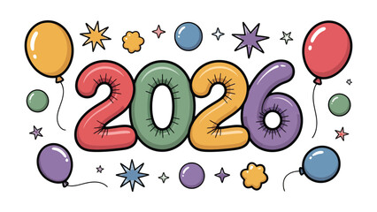 New Year Celebration 2026: a vibrant illustration showcasing the upcoming year amidst a lively array of colorful balloons and shimmering stars. Evoking a sense of anticipation and festivity.