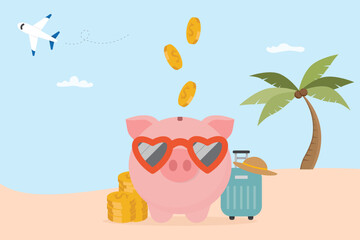 Piggy bank on tropical beach with suitcase, stacks of coin and airplane. Concepts saving money for traveling, financial management, vacation budget, travel jar, retirement investment vector illustrati