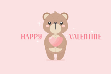 Cute bear hold heart balloon with pastel Happy Valentine on pink background. Adorable hand draw character for Valentine's day, invitation card, Valentine card. vector illustration flat design.