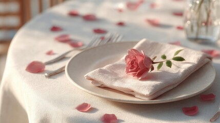 Table setting with a white tablecloth and rose petals scattered on the table. on the table, there is a white plate with a single pink rose on top of it.